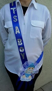 1 Baby Shower MOM TO BE SASH, Blue/boy, Ribbon favors, Handmade Party,Mommy,Gift - Picture 1 of 7