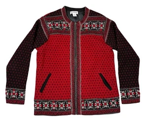 North Style Full Zip 100% Wool Cardigan Women’s Size Medium Fair Isle Nordic Red - Picture 1 of 8
