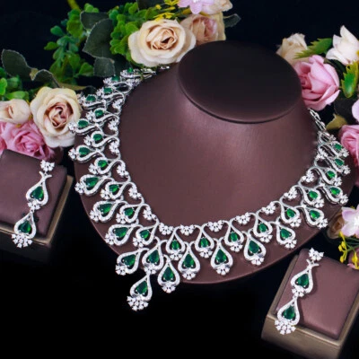 Top Drop Tennis Necklace Earrings Silver Plated Cubic Zirconia Green Jewelry Set - Изображение 1 из 4