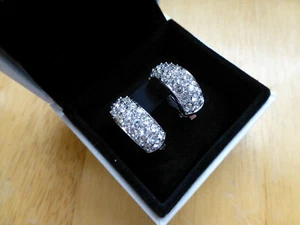 Swarovski Crystal Pavé Clip-On Earrings Rhodium plated silver tone Huggie Curved - Picture 1 of 7