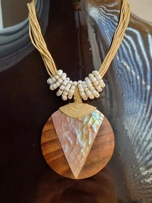 Stunning Rich Wood And Mother Of Pearl Pendant Necklace - Image 1 of 4
