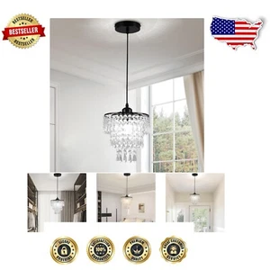 Compact Black-Chrome Crystal Chandelier with Adjustable Height - Indoor Lighting - Picture 1 of 11