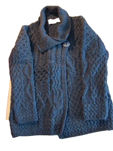 Wool Cable CARDIGAN Wrap Aran Crafts Womens Merino Blue Sweater Small Wintercor - Picture 1 of 8