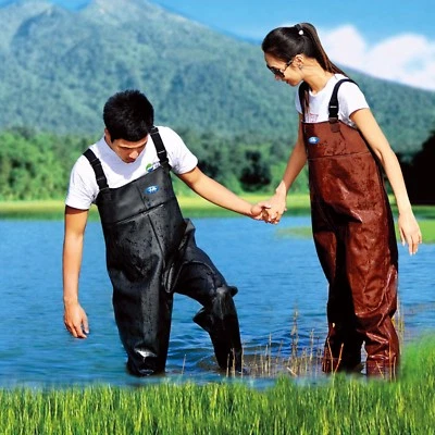 PVC Black Rubber Chest Fishing Wader Adjustable With Waterproof Wader Boots - Image 1 of 4