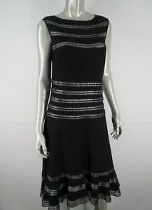 Tadashi Shoji Dress Midi Size L Black Metallic Silver Fit Flare Party Evening - Picture 1 of 11