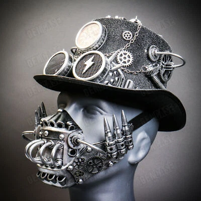 BurningMan SILVER Scientist Top Hat Robot Mask Halloween Steampunk Party Costume - Image 1 of 4
