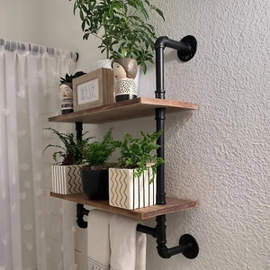 ROGMARS Pine Wood Industrial Pipe Floating Wall Shelves-2 Shelves-24" x 10"-New - Picture 1 of 7