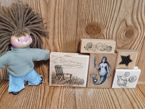Lot Of 5 Ocean Beach Nautical Themed Wood Rubber Stamps Sea Shells Mermaid - Picture 1 of 3