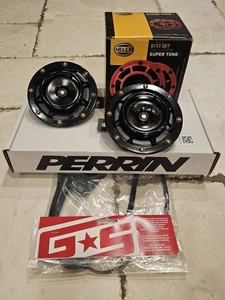 Black Hella Supertone Horns W/ Perrin Bracket/GRM Wire Harness. 08-14 WRX/STI  - Picture 1 of 3