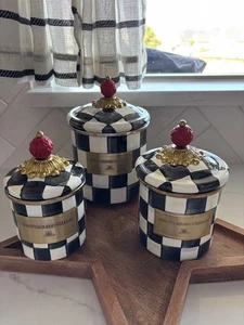 MacKenzie Childs COURTLY CHECK S/3 Enamel Canisters, Mini, Demi  & Small NEW - Picture 1 of 5