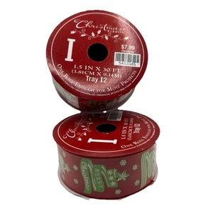 Hobby Lobby  2 rolls wired edge red ribbon 1.5” wide x 30’ w/lime green trees - Picture 1 of 6