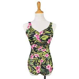 80's Vintage Paradise Bay Hawaiian Floral One Piece Bathing Suit size MED  - Picture 1 of 13