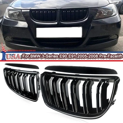 Gloss Black Front Kidney Grille For 2005-08 BMW 3-Series E90 E91 325i 328i 335i - Image 1 of 4
