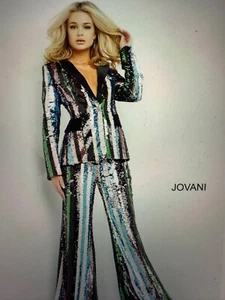 JOVANI 2024 NEW BLACK MULTICOLOR SEQUIN VELVET JACKET PANTS JEWELED BUTTONS US14 - Picture 1 of 24