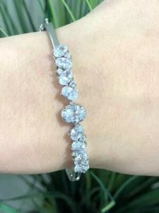 Brazalete Brazalete Pila Platino Plata Esterlina Corte Ovalado Zafiro Blanco 7" L Regalo - Imagen 1 de 12