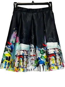 Two'e Pleated Skirt Womens Size XXS Multi Color City Scape Scene Fun Colorful - Picture 1 of 10