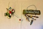 Pair of Fishing Theme Christmas Ornaments Rustic Cabin Decor, Fisherman and Sign
