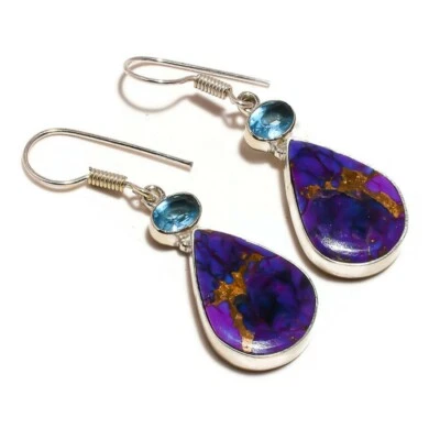 Purple Copper Turquoise & Blue Topaz Gemstone Handcrafted Drop Dangle Earrings - Image 1 of 3