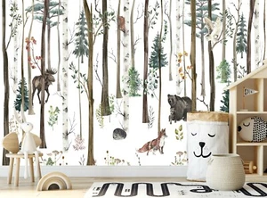 Forest Animals Photo Wallpaper Kids Children Wall Mural Nursery Watercolor Decor - Picture 1 of 6