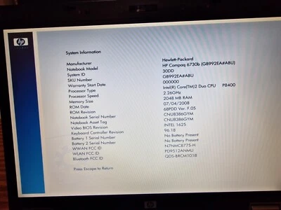 HP Compaq 6730b,80 Gb Hdd,2gb Ram, Bios Tested Only, No Battery - Image 1 of 4