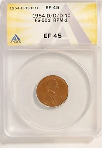 1954-D LINCOLN CENT PENNY D/D/D FS-501 RPM-1 ERROR ANACS XF EF 45 - Picture 1 of 6