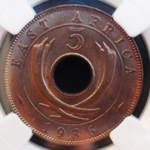 1936 KN East Africa 5 C , NGC MS 63 RB , better date , nice coin  # 378, 19-12. - Picture 1 of 4