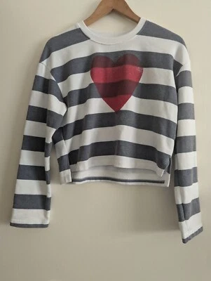 Anthropologie Sundry NWT striped big heart sweatshirt Mary Mouser Cobra Kai S - Image 1 of 4