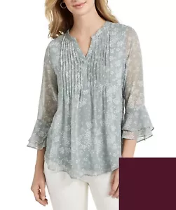 Top para mujer Charter Club pintuck con mangas volantes vino tallas florales M, L - Imagen 1 de 3