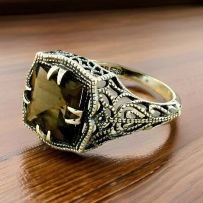 ANILLO FILIGRANA ESTILO VICTORIANO PLATA ESTERLINA 925 CUARZO AHUMADO GENUINO #901 Foto 1 de 3