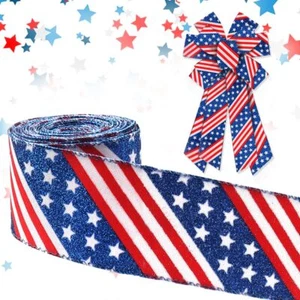 Patriotic Wired Edge Ribbons 2.5" 10 Yards Red Blue Glitter Wired Ribbon Memo... - Picture 1 of 5