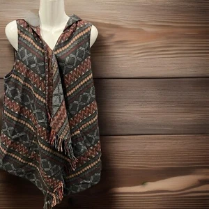 DEMOCRACY Gray/Multi Boho Western FLEECE 1-Button DRAPED Fringe HOODED VEST Sz M - Picture 1 of 8