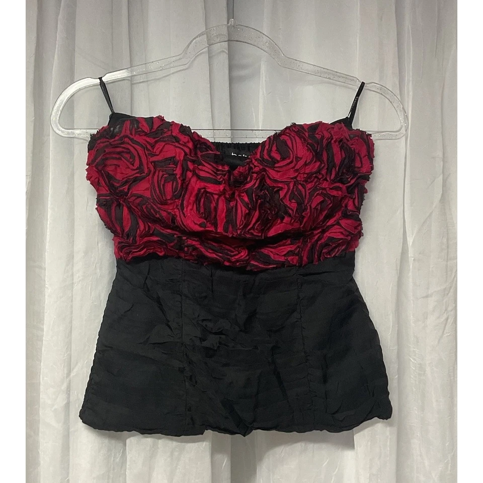 VTG Y2K bebe red black ruffled rose corset strapless Silk Whimsigoth tube Top S - Image 1 of 4