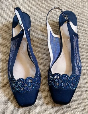 J Renee Navy Blue Faleece Satin Lace Detail Slingback Block Heel Pumps 7 1/2 M - Image 1 of 4