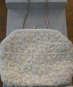 Vintage Beaded Evening Bag Ivory Sequin Gold Satin Interior Wedding Formal 1960s - Picture 1 of 9
