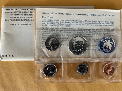 1965 US Special Mint Set_ SMS_ Original Box 40% Silver Kennedy_ 5 Coins - Image 1 of 2