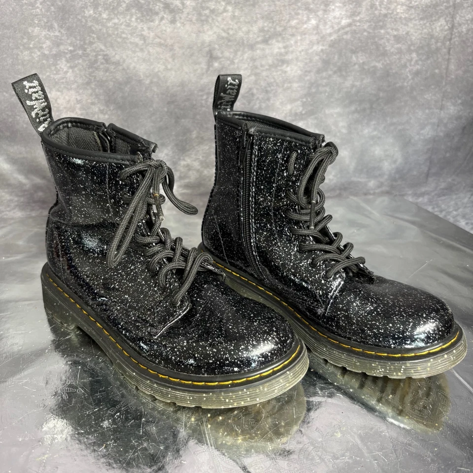 Dr Martens 1460J Botas Niñas 3 Negro Brillo Cuero Airwair Cremallera Con Cordones Foto 1 de 4