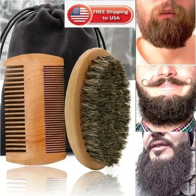 Boar Bristle Beard Mustache Comb Wood Set Handle Hair Brush Shaving Tool For Men - Image 1 of 4