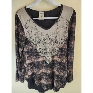 Vocal Made in USA braun und hellbraun verziertes Print Glitzer Top Gr. L - Bild 1 von 7