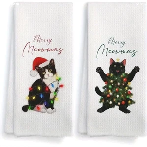 Tuxedo Cat Dish Towel Christmas Set 2 Hand kitchen Decor FREE Ship - Picture 1 of 2