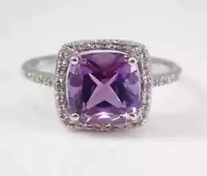 2Ct Cushion Cut Lab-Created Amethyst Halo Engagement Ring 14K White Gold Plated - Picture 1 of 7