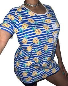 Time And Tru NEW Blue White Striped Pineapple Print T-Shirt Resort Top XXL 2XL - Picture 1 of 2
