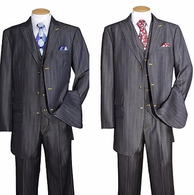 Men's Elegant 3 Button Striped Jacket with Vest Double Vents Pleated pants 5609V - Image 1 of 3