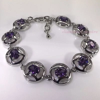 Impresionante Brazalete Tenis Amatista Creada Ovalada Chapado en Oro Blanco Púrpura Foto 1 de 3