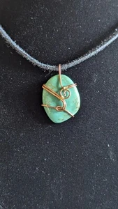 *SALE* Handmade Copper And Brass Wrapped Turquoise Pendant W/Leather Necklace - Picture 1 of 4