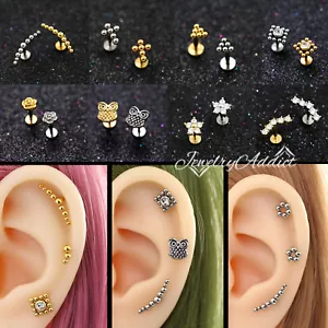 Crystal Dots Ear Cartilage Lip Ring Bar Stud Flat Back Climber Piercing Earring - Picture 1 of 60