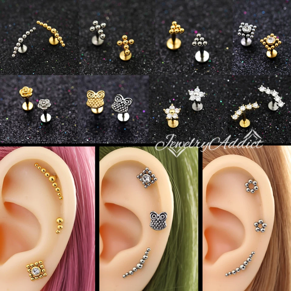 Crystal Dots Ear Cartilage Lip Ring Bar Stud Flat Back Climber Piercing Earring - Image 1 of 1