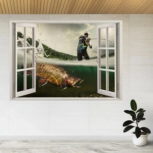 Fischer und Forelle, Unterwasser 3D Fenster Ansicht Wandaufkleber Poster Aufkleber A677 - Bild 1 von 2
