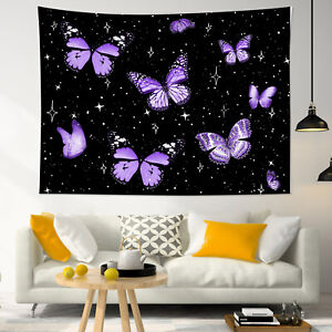 Star Purple Butterfly on Black White Tapestry Wall Hanging Bedroom Dorm Decor