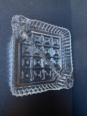 Vintage Glass Divided Dish Tray Diamond Cut Pattern Art Deco 1930s 6.25 In Dia - Image 1 of 3