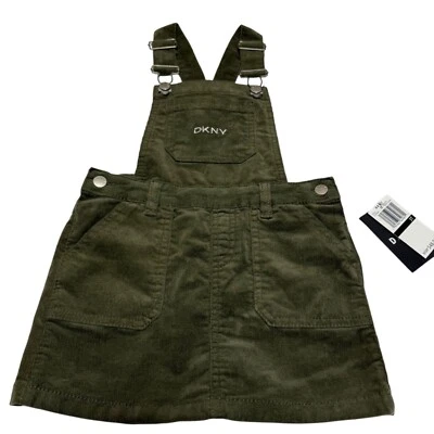 DKNY Olive Green Corduroy Overall Dress For Toddler Girls 3T Adjustable Straps - Image 1 of 4
